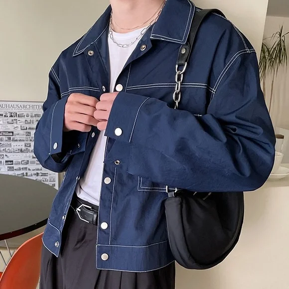 ★RONRON★ CONTRAST STITCH COTTON JACKET BLUE Jackets & Coats | Korean Contrast Stitch Jacket Fits Mens